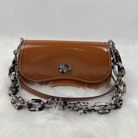 COACH Mini Wavy Dinky Bag In Crinkle Patent Coachtopia Leather Crossbody Amber - Picture 2 of 12